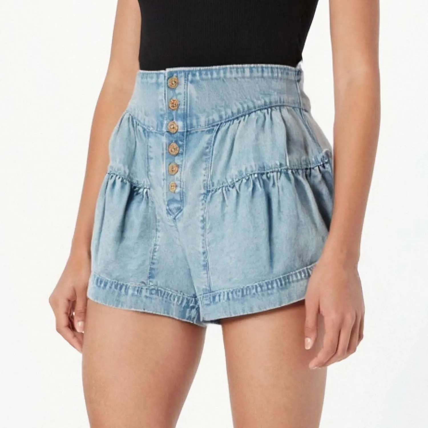 Womens Denim Shorts Baggy High Waisted Flowy Wide Leg Buttons Pleated Casual Summer Jean Shorts Trendy Ruffle Skorts
