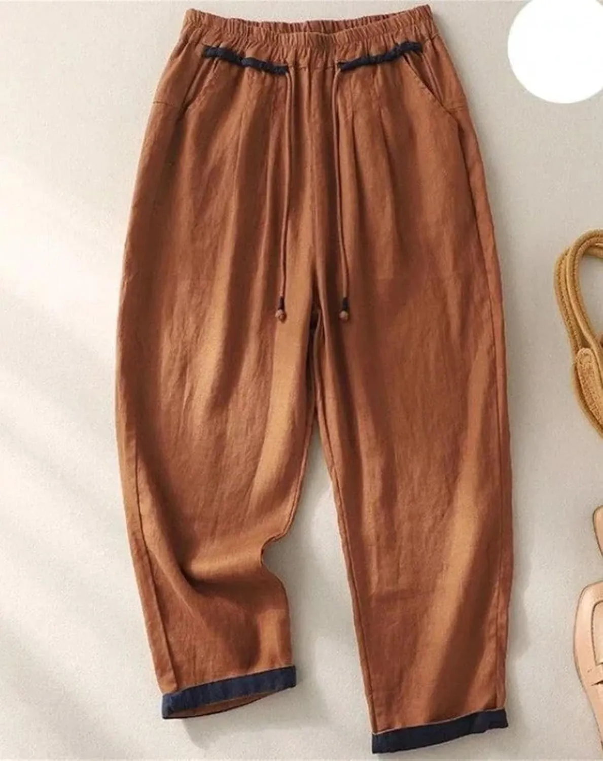 Women's Drawstring Waist Casual Harem Pants Cotton Linen Elastic High Waist Summer Pants