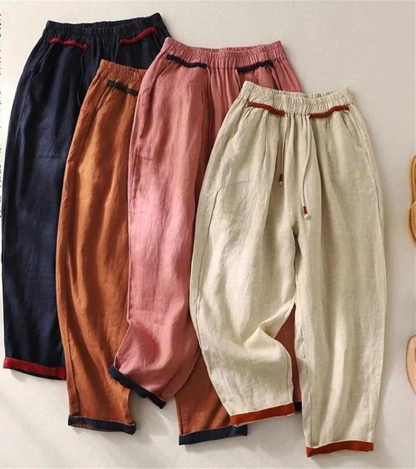 Women's Drawstring Waist Casual Harem Pants Cotton Linen Elastic High Waist Summer Pants