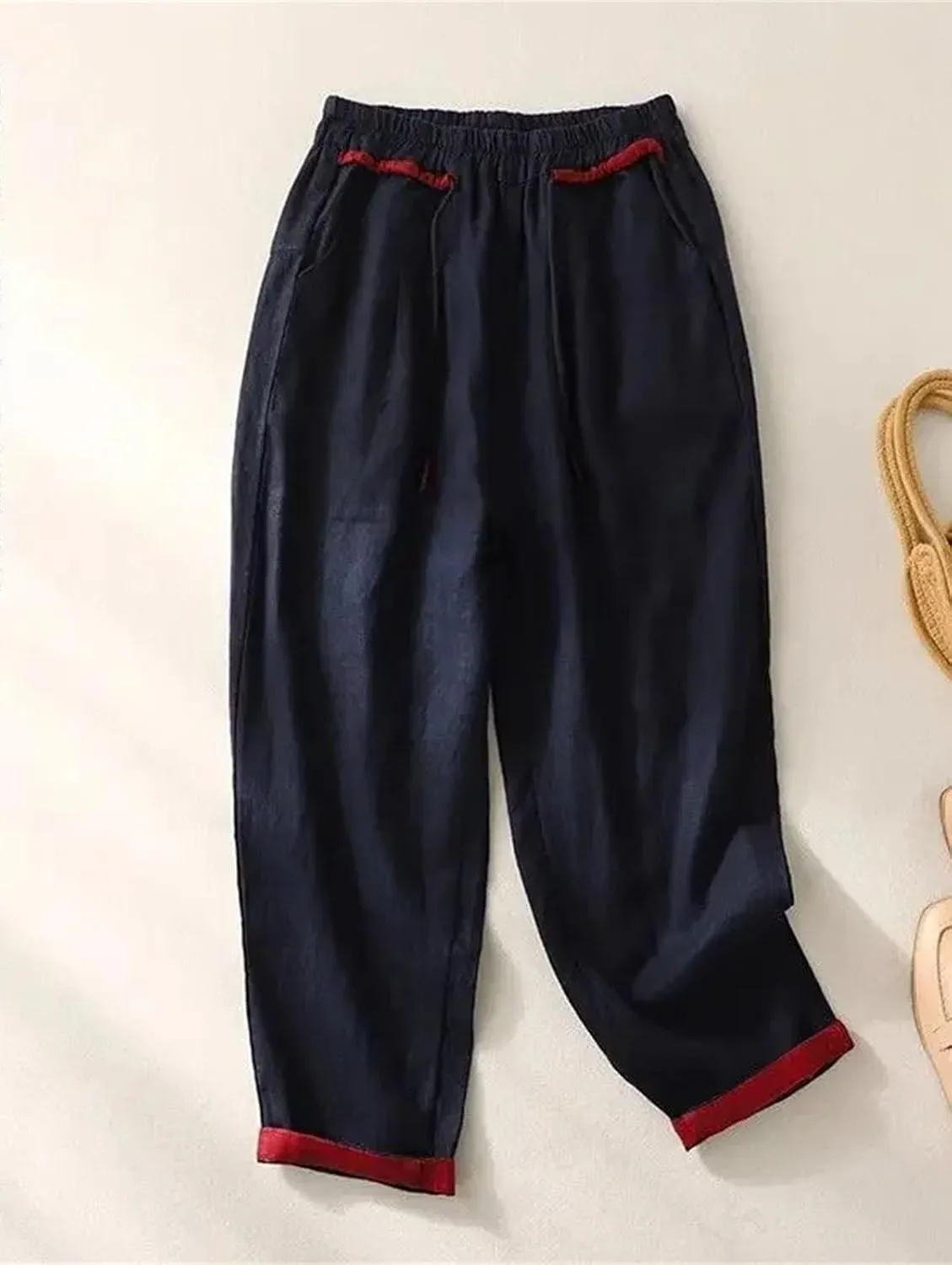 Women's Drawstring Waist Casual Harem Pants Cotton Linen Elastic High Waist Summer Pants