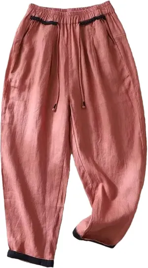 Women's Drawstring Waist Casual Harem Pants Cotton Linen Elastic High Waist Summer Pants