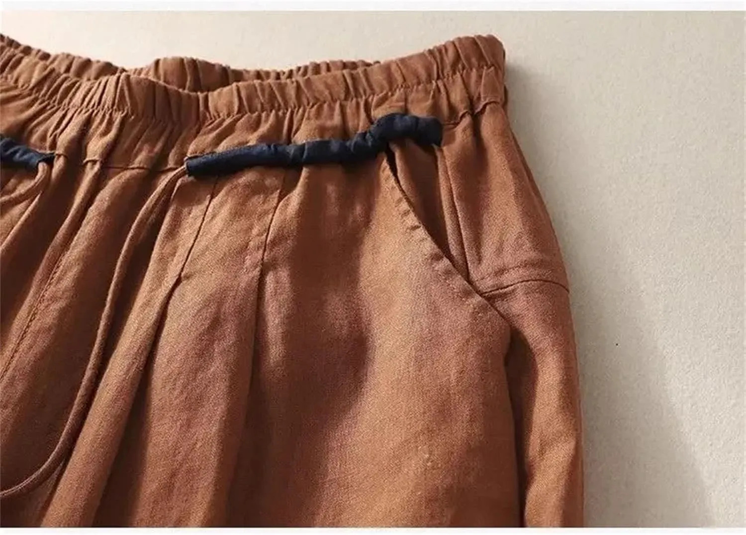 Women's Drawstring Waist Casual Harem Pants Cotton Linen Elastic High Waist Summer Pants