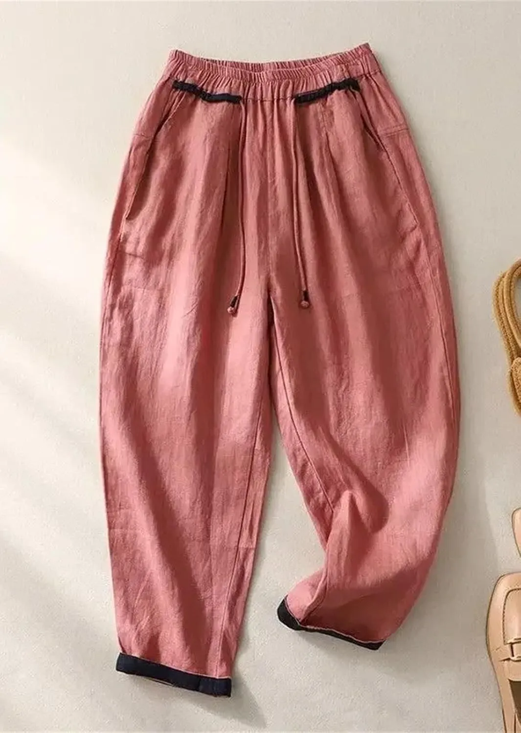 Women's Drawstring Waist Casual Harem Pants Cotton Linen Elastic High Waist Summer Pants