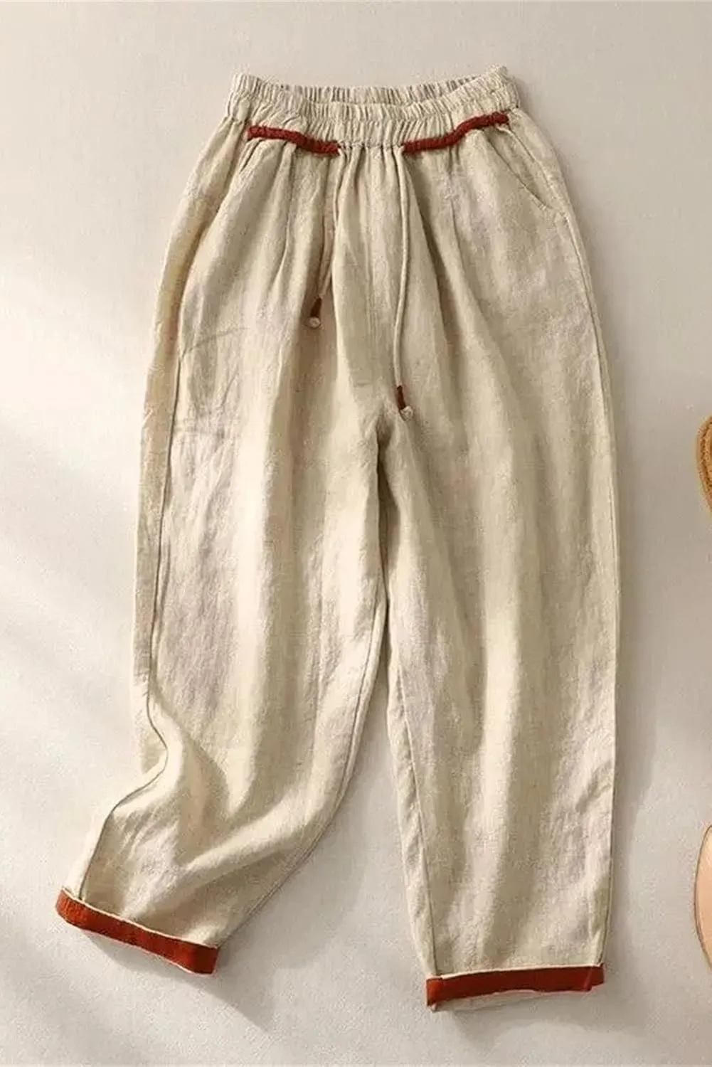 Women's Drawstring Waist Casual Harem Pants Cotton Linen Elastic High Waist Summer Pants