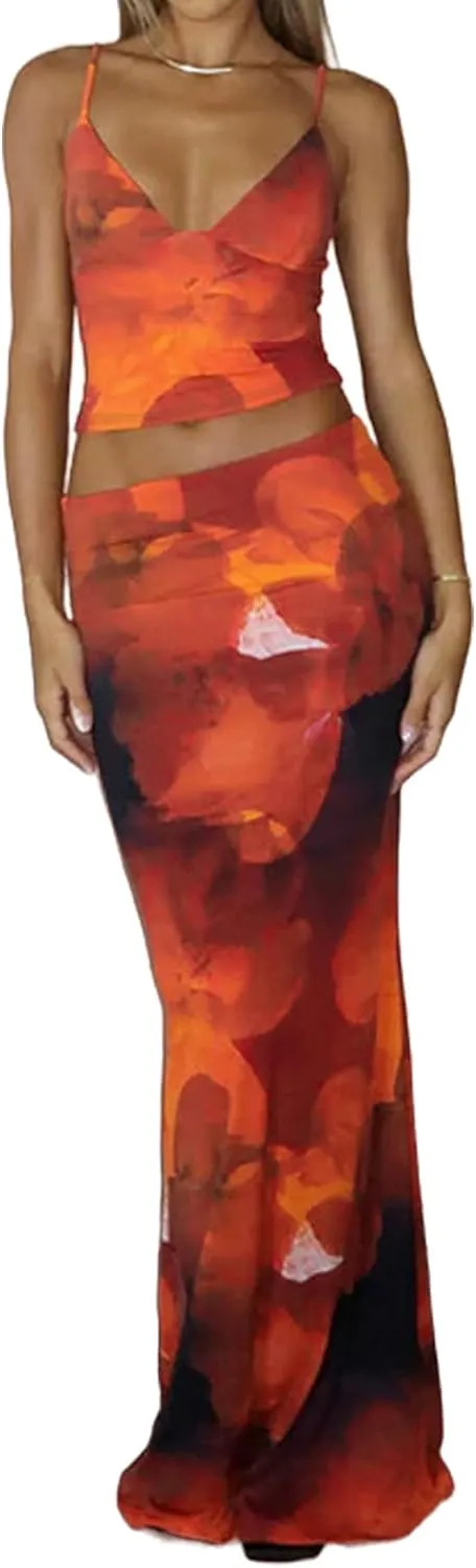 Women's Elegant Floral Print Maxi Skirt Sets Sexy V Neck Cami Crop Top and Long Skirt Set