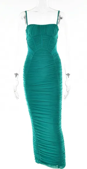 Women's Halter Pleated Long Skirt Fashionable Temperament Tight Dress for Women-Green-M