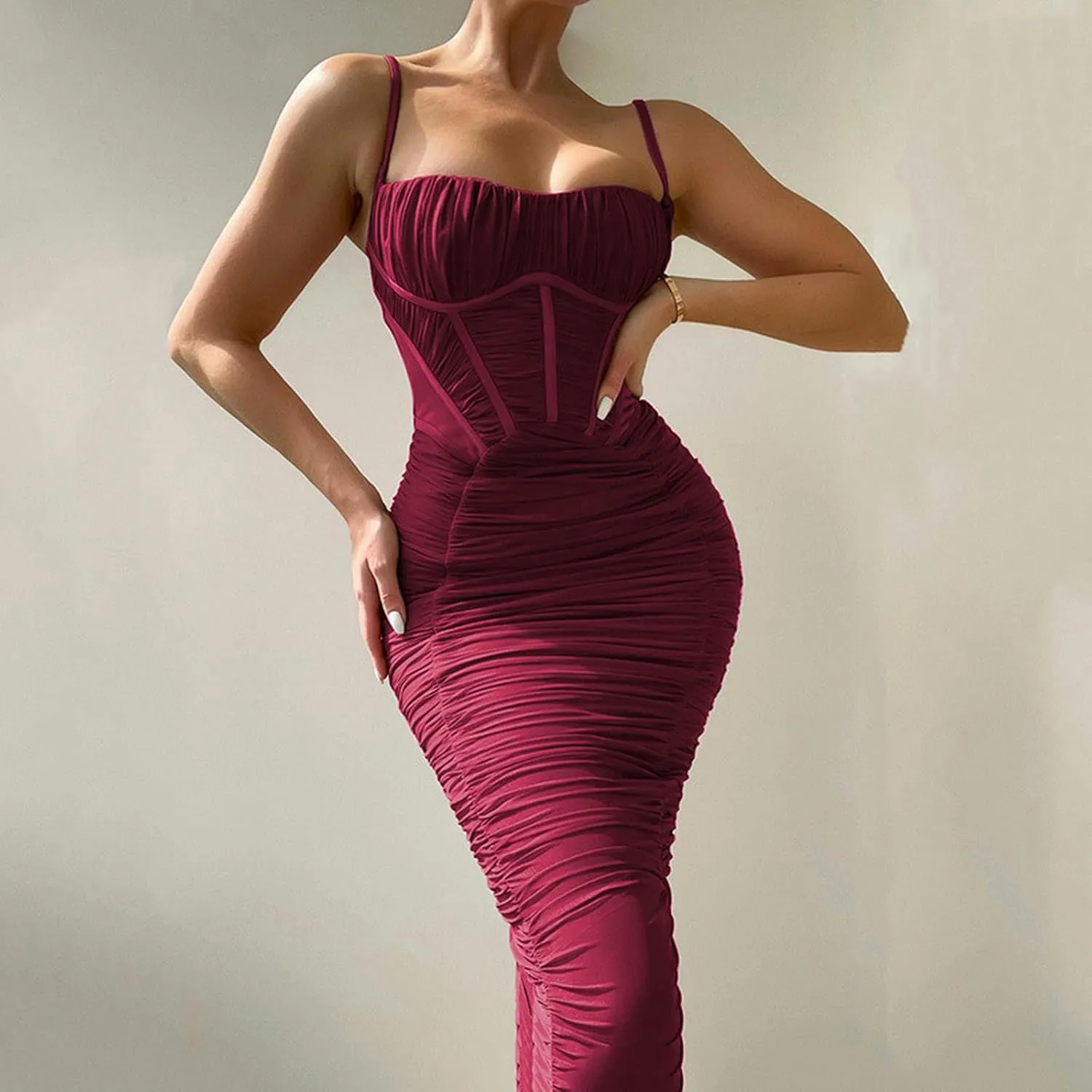 Women's Halter Pleated Long Skirt Fashionable Temperament Tight Dress for Women-Green-M
