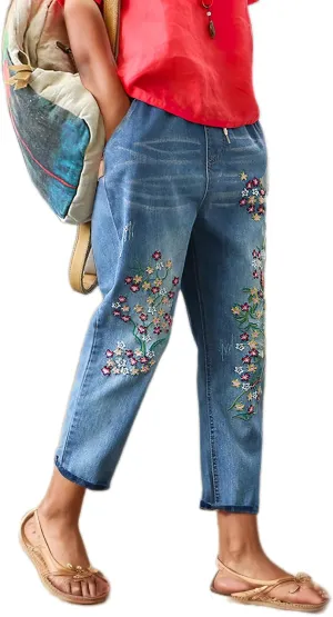 Womens Harem Capri Jeans Vintage High Waist Embroidered Jeans Elastic Lace-Up Boyfriend Denim Pants Casual Trousers