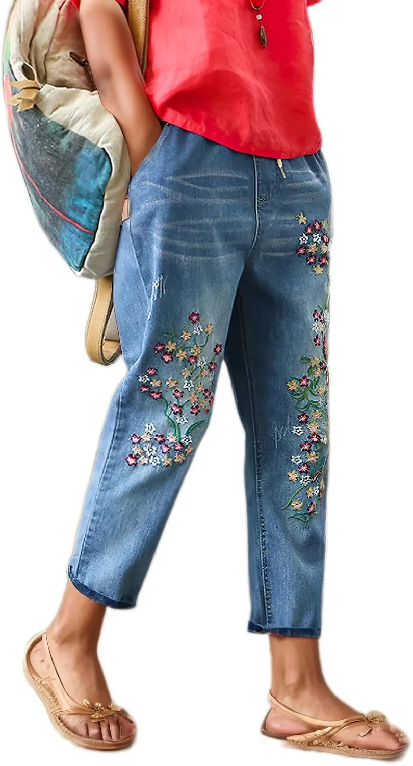 Womens Harem Capri Jeans Vintage High Waist Embroidered Jeans Elastic Lace-Up Boyfriend Denim Pants Casual Trousers