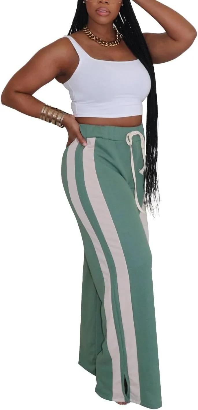 Women's High Waist Wide Leg Sweatpants Straight Leg Pants Casual Striped Pants