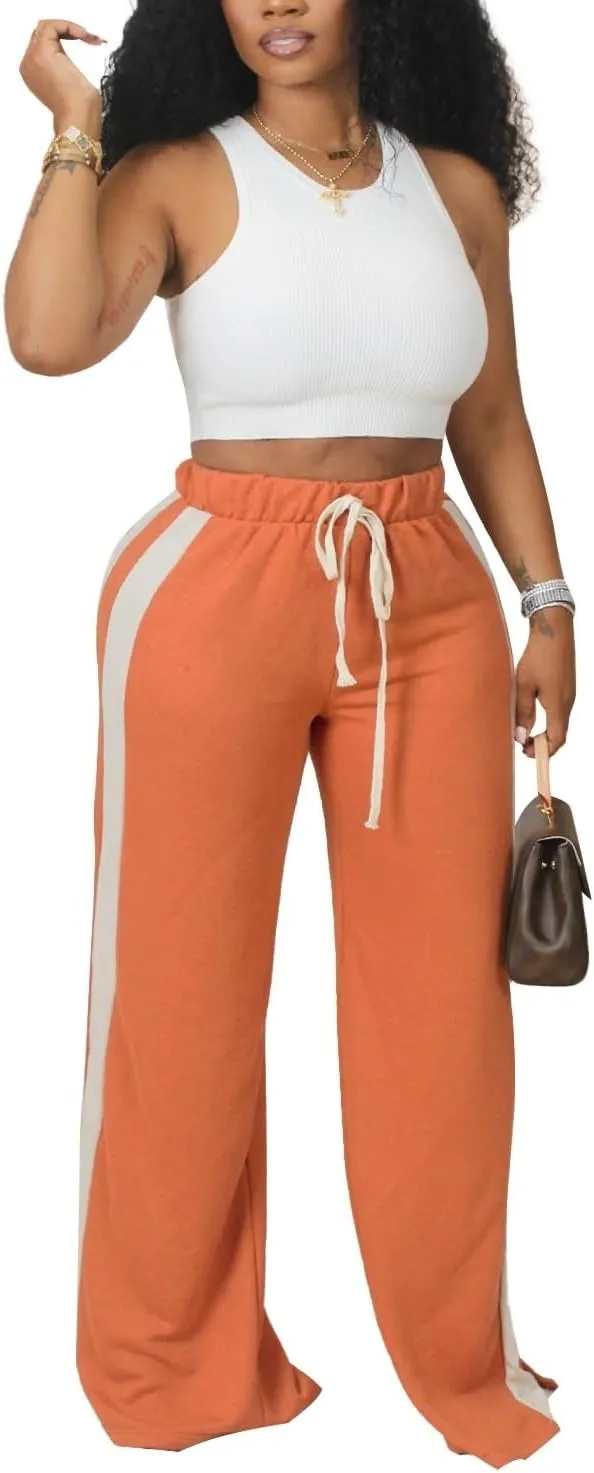 Women's High Waist Wide Leg Sweatpants Straight Leg Pants Casual Striped Pants