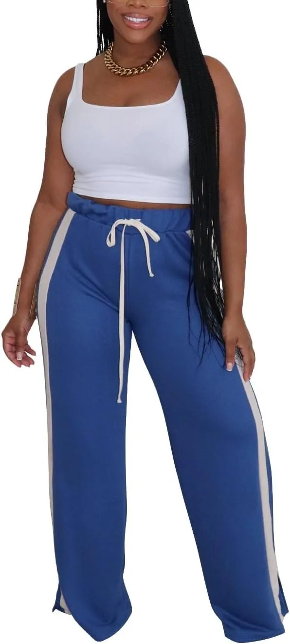 Women's High Waist Wide Leg Sweatpants Straight Leg Pants Casual Striped Pants