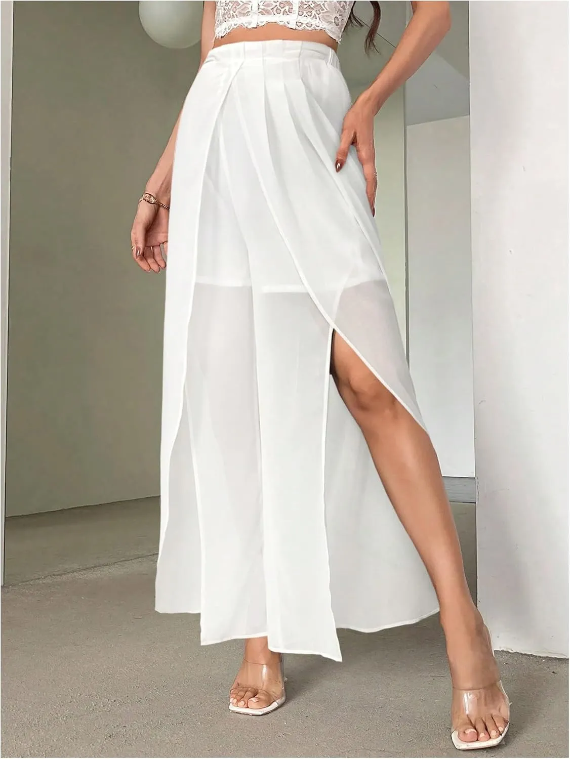 Women's High Waisted Split Pants Straight Leg Loose FIt Sheer Long Trousers