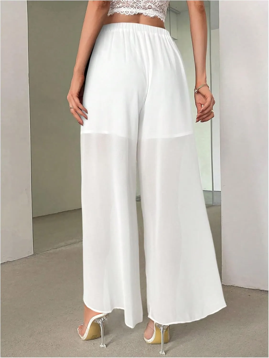 Women's High Waisted Split Pants Straight Leg Loose FIt Sheer Long Trousers
