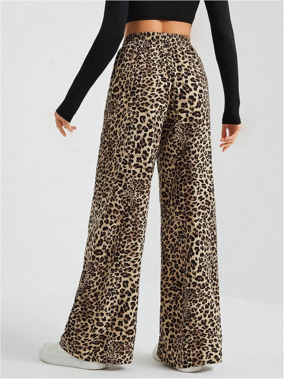 Women's Letter Leopard Print Straight Leg Pants Elastic Waist Y2K Trousers Bottoms with Pockets