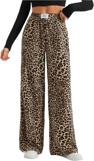 Women's Letter Leopard Print Straight Leg Pants Elastic Waist Y2K Trousers Bottoms with Pockets
