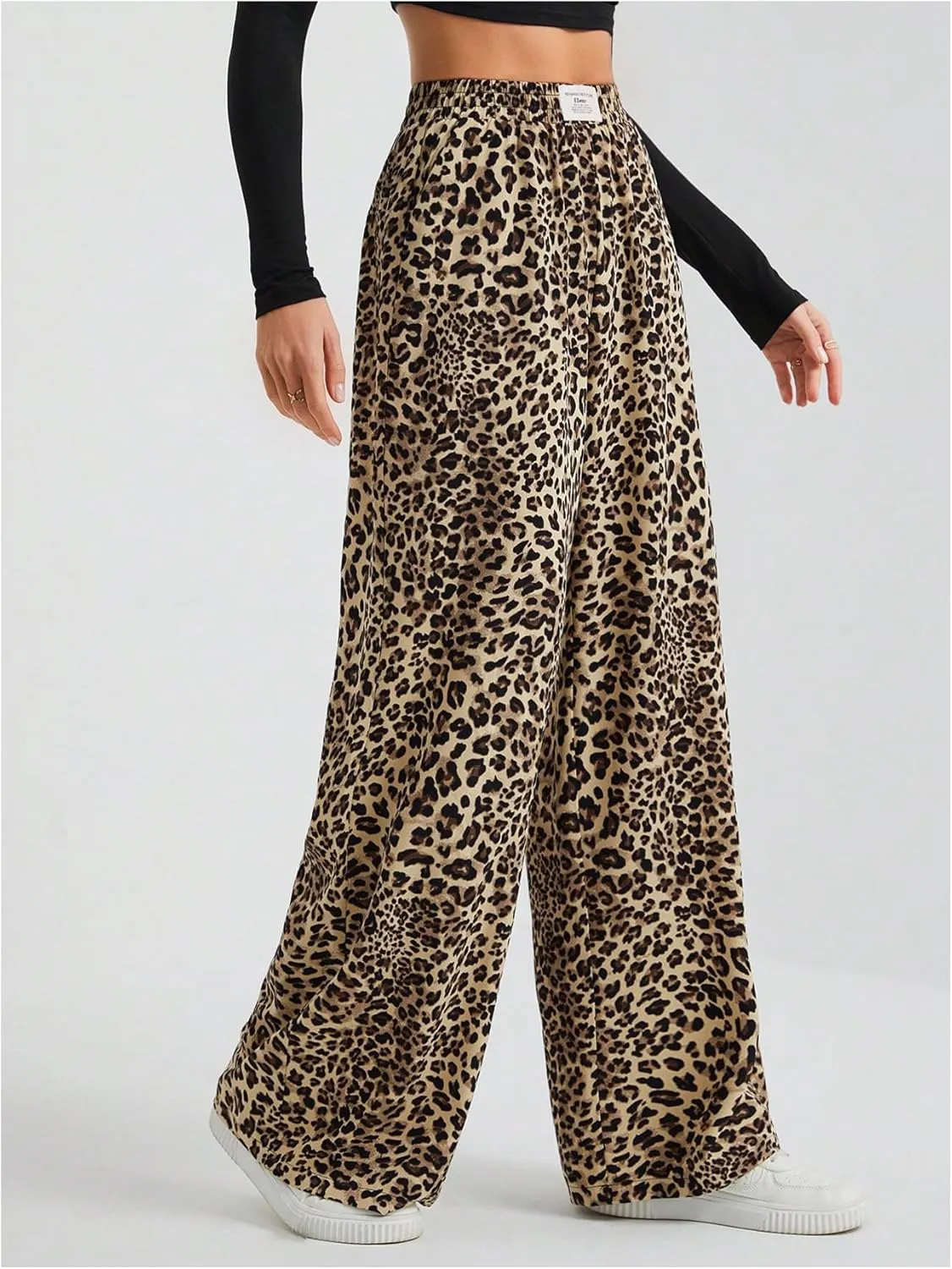 Women's Letter Leopard Print Straight Leg Pants Elastic Waist Y2K Trousers Bottoms with Pockets