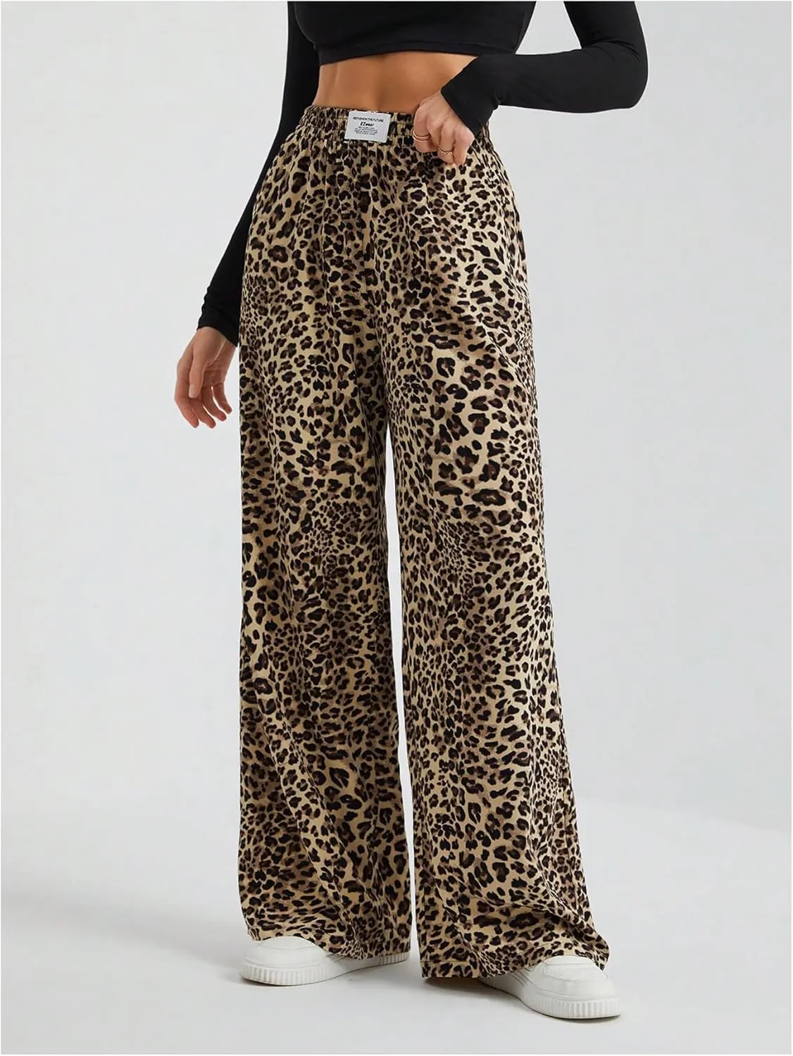 Women's Letter Leopard Print Straight Leg Pants Elastic Waist Y2K Trousers Bottoms with Pockets