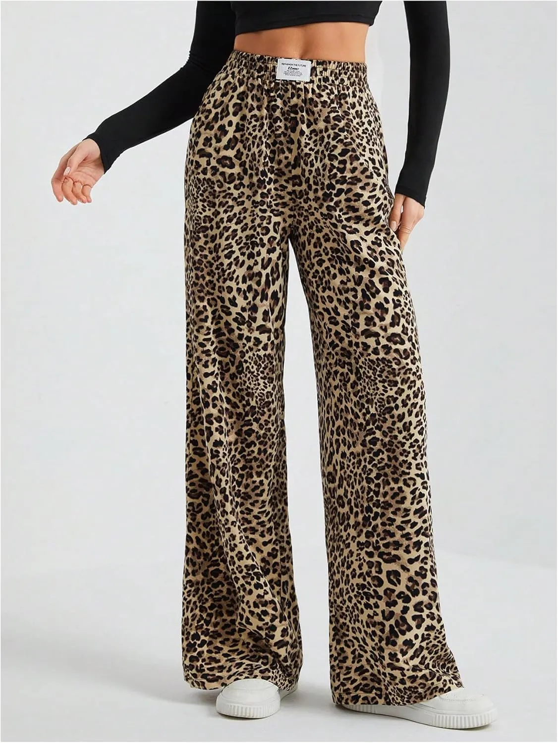 Women's Letter Leopard Print Straight Leg Pants Elastic Waist Y2K Trousers Bottoms with Pockets