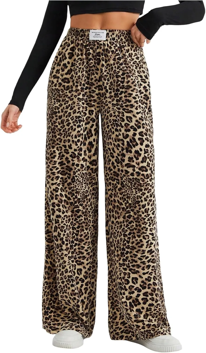 Women's Letter Leopard Print Straight Leg Pants Elastic Waist Y2K Trousers Bottoms with Pockets