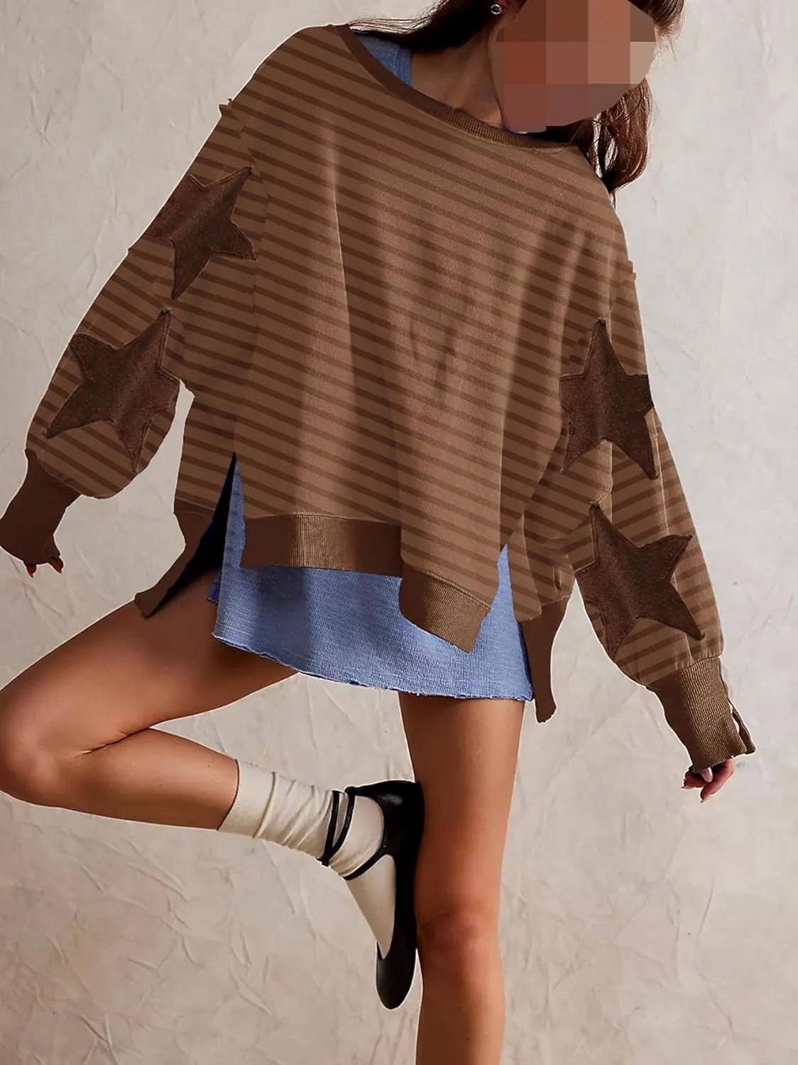 Womens Oversized Crewneck Sweatshirt Y2k Striped Star Long Sleeve Side Slit Pullover Sweatshirt Teen Girl Aesthetic