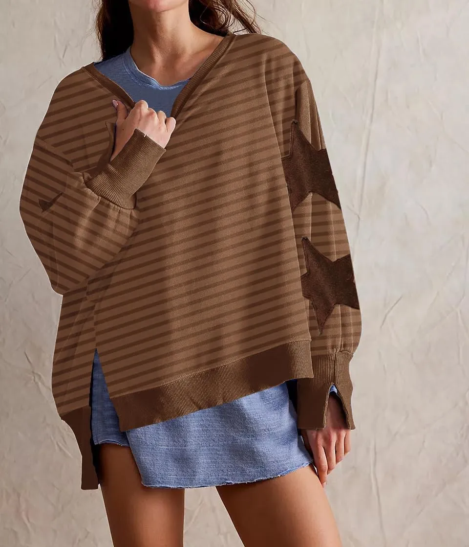 Womens Oversized Crewneck Sweatshirt Y2k Striped Star Long Sleeve Side Slit Pullover Sweatshirt Teen Girl Aesthetic