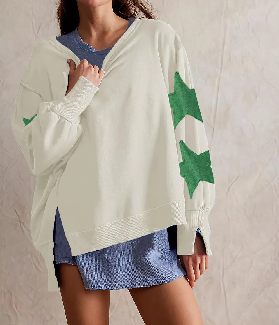 Womens Oversized Crewneck Sweatshirt Y2k Striped Star Long Sleeve Side Slit Pullover Sweatshirt Teen Girl Aesthetic