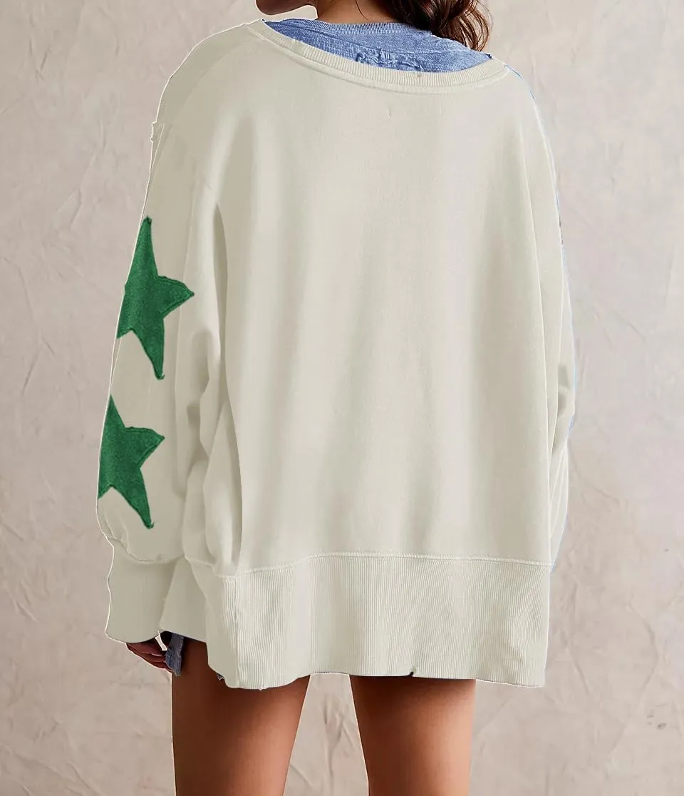 Womens Oversized Crewneck Sweatshirt Y2k Striped Star Long Sleeve Side Slit Pullover Sweatshirt Teen Girl Aesthetic