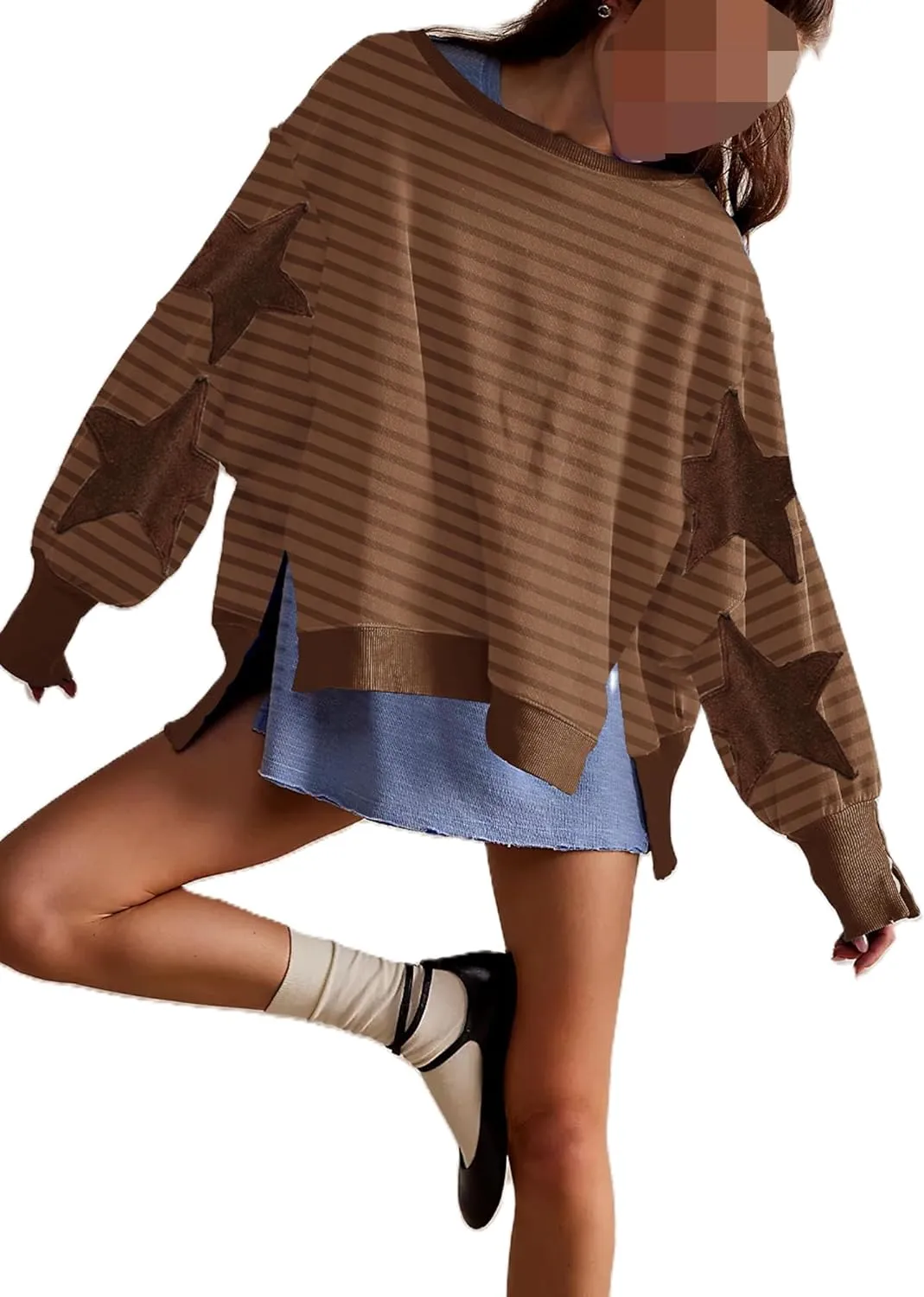 Womens Oversized Crewneck Sweatshirt Y2k Striped Star Long Sleeve Side Slit Pullover Sweatshirt Teen Girl Aesthetic