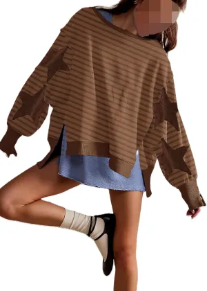 Womens Oversized Crewneck Sweatshirt Y2k Striped Star Long Sleeve Side Slit Pullover Sweatshirt Teen Girl Aesthetic