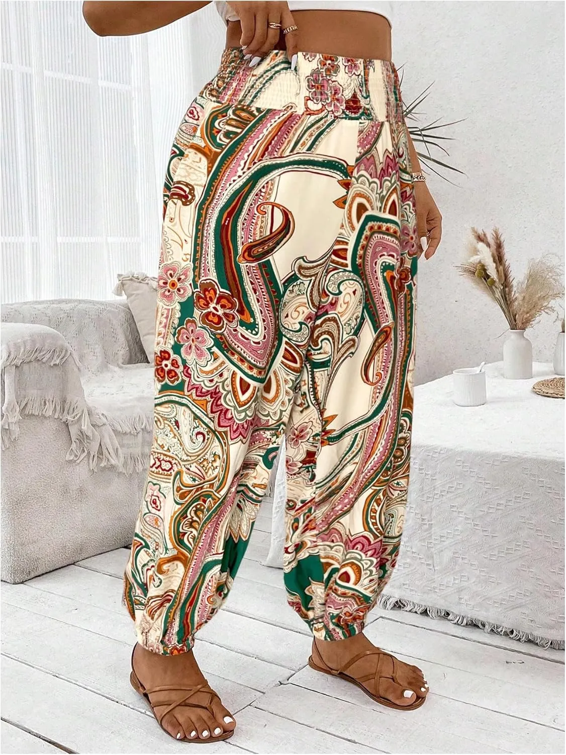 Women's Plus Size Boho Paisley Jogger Pants Floral High Waisted Flowy Trousers