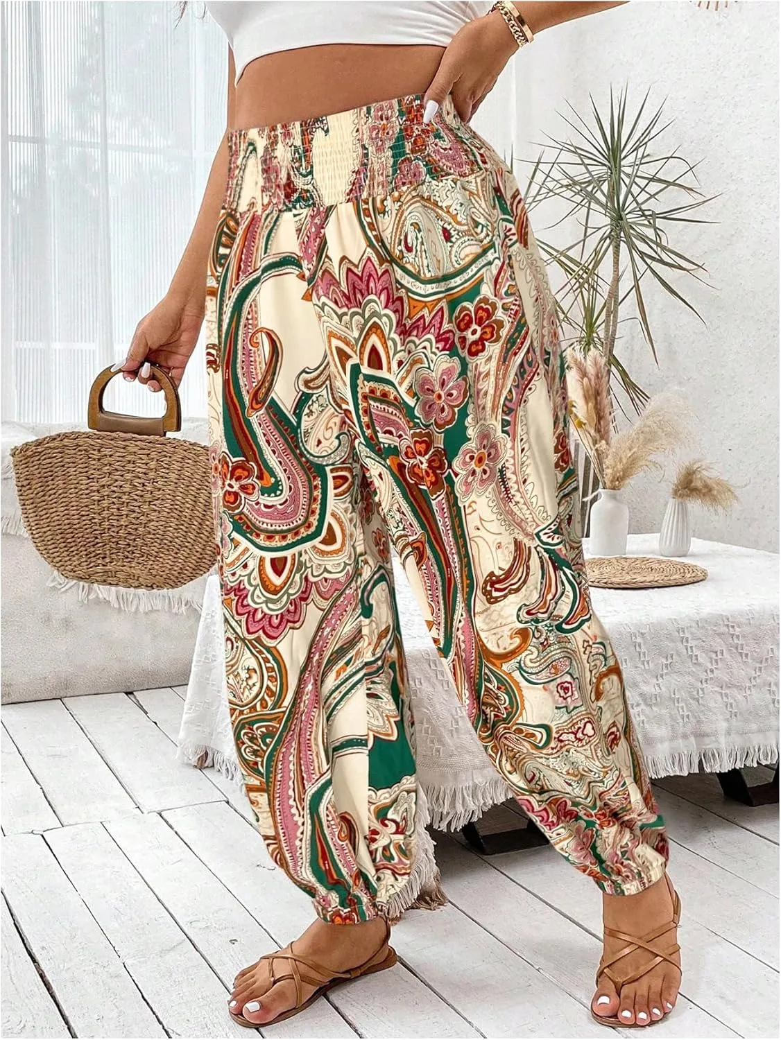 Women's Plus Size Boho Paisley Jogger Pants Floral High Waisted Flowy Trousers