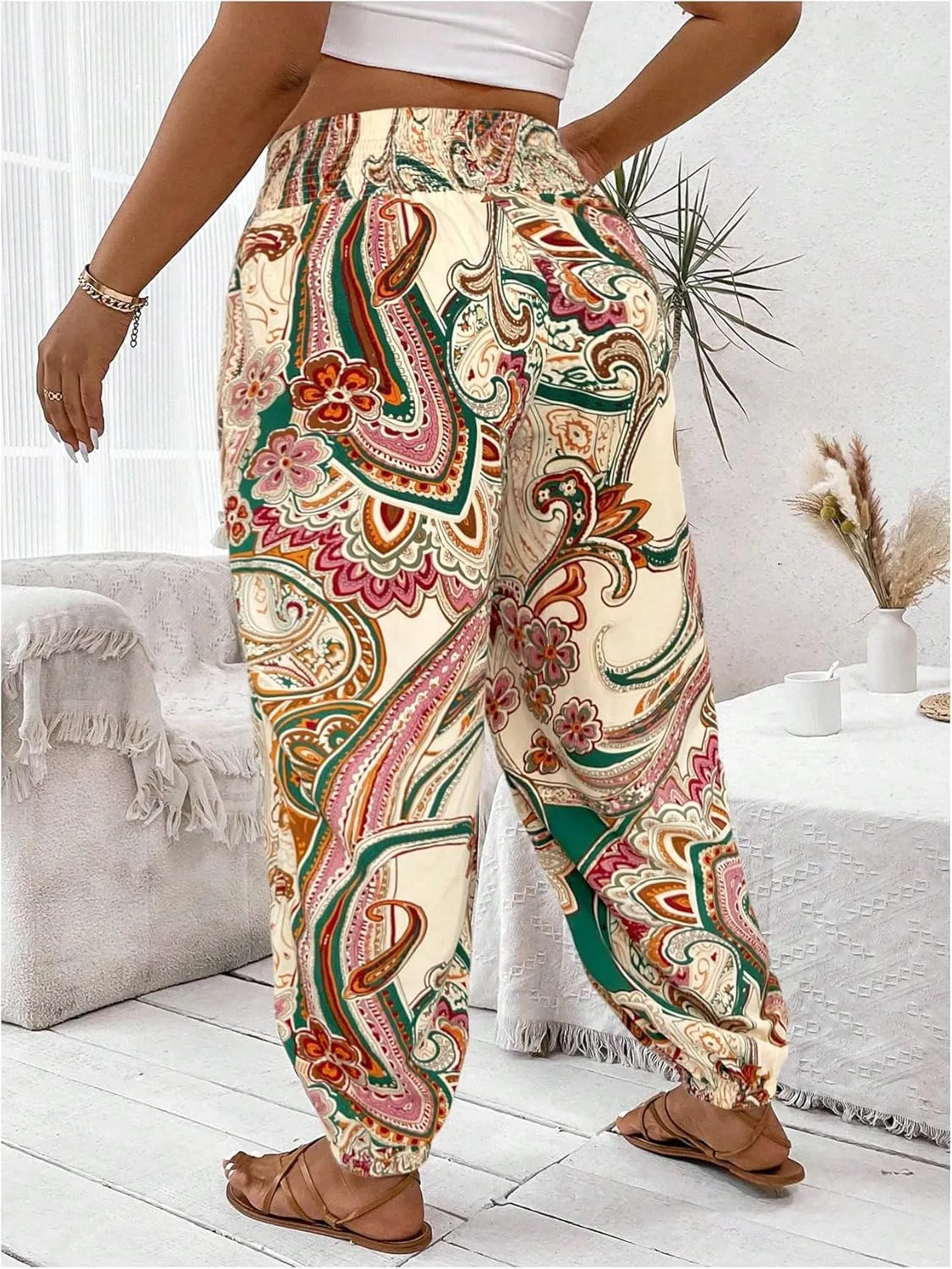 Women's Plus Size Boho Paisley Jogger Pants Floral High Waisted Flowy Trousers