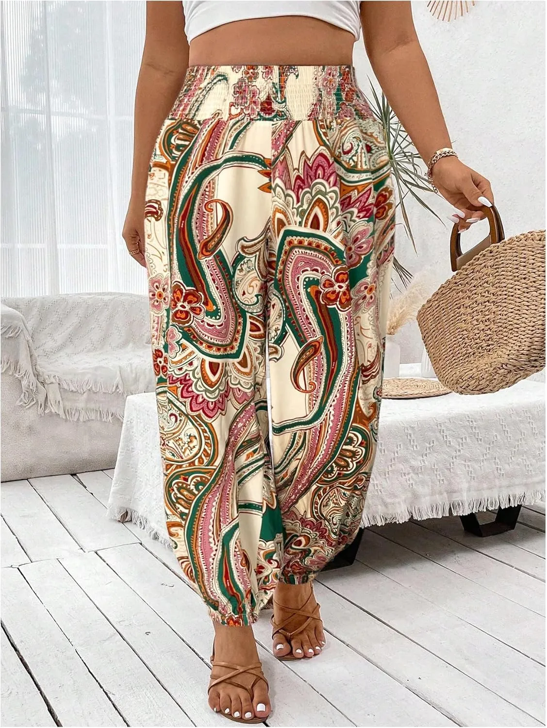 Women's Plus Size Boho Paisley Jogger Pants Floral High Waisted Flowy Trousers