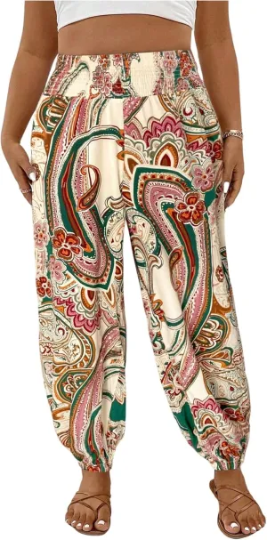 Women's Plus Size Boho Paisley Jogger Pants Floral High Waisted Flowy Trousers