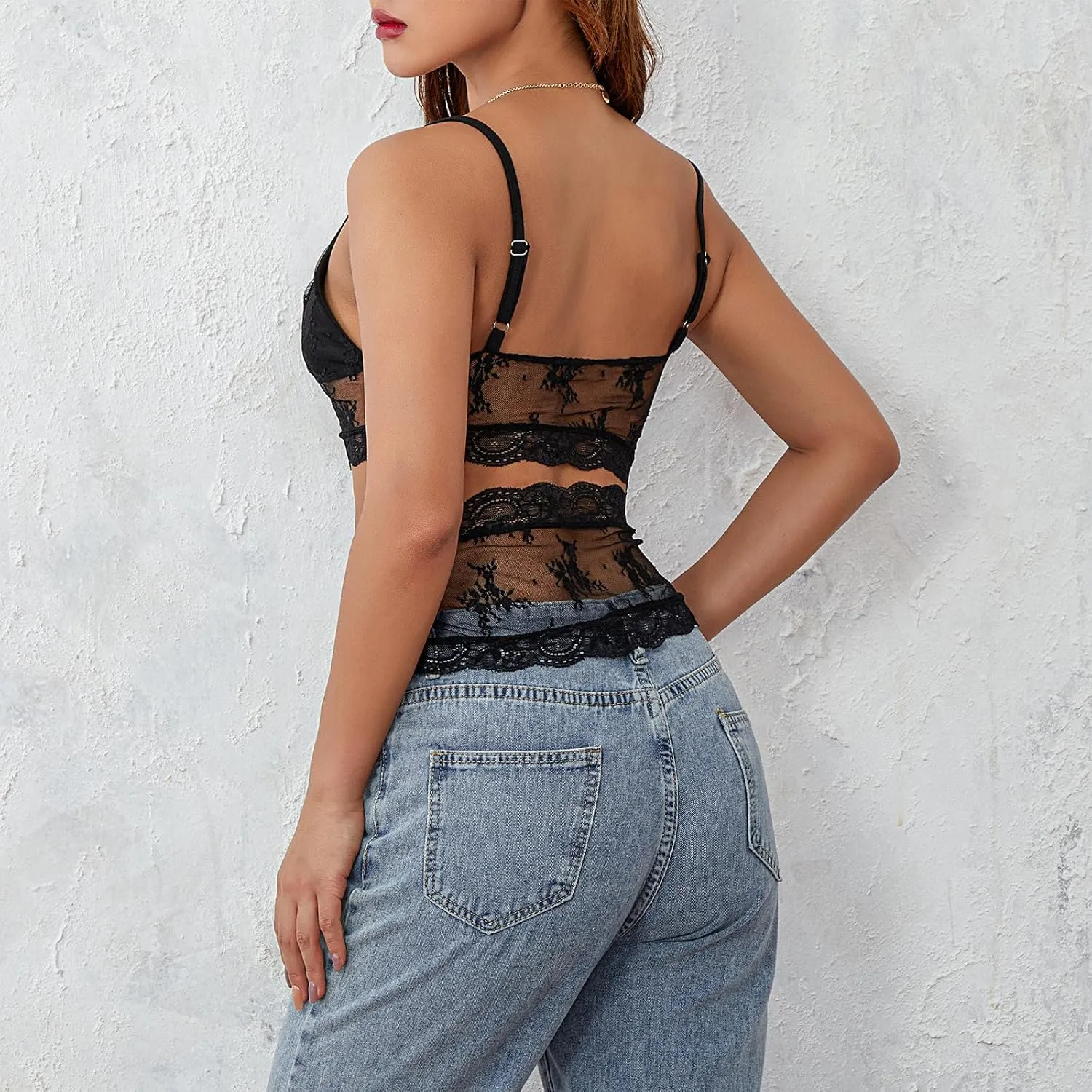 Womens Sexy Lace Cami Top Spaghetti Strap Low Cut Sleeveless Backless Floral Mesh Tank Tops Y2K Club Party Shirt