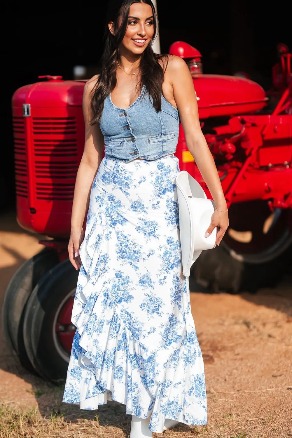 Women's Sky Blue Boho Floral High Waist Ruffle Split Maxi Skirt - Perfect for Summer