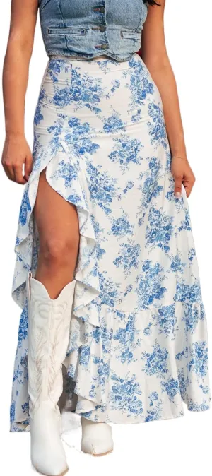 Women's Sky Blue Boho Floral High Waist Ruffle Split Maxi Skirt - Perfect for Summer