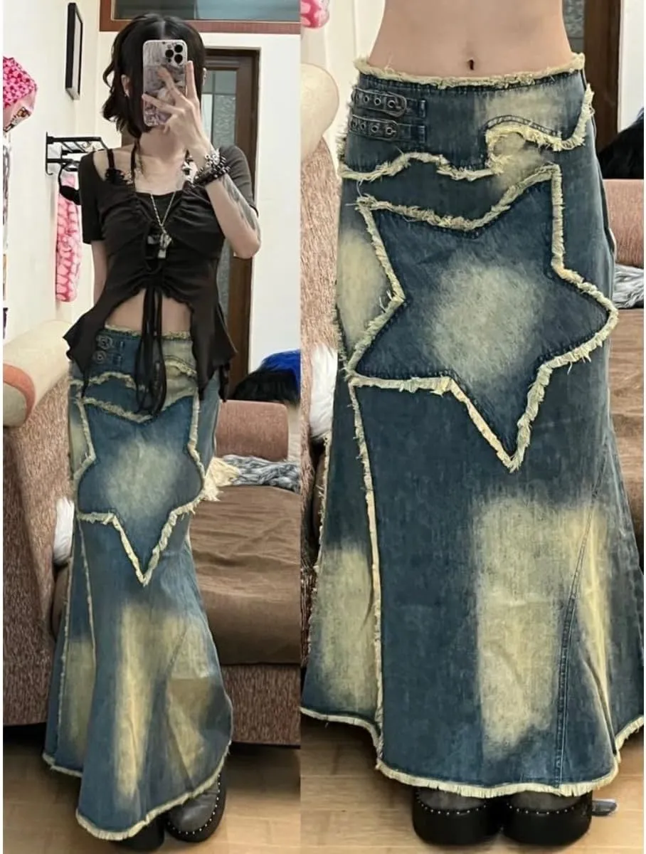 Women's Star Patch Flared Jeans Frayed Distressed Retro Style Loose Fit Maxi Skirts High Waist Denim Skirts Y2K