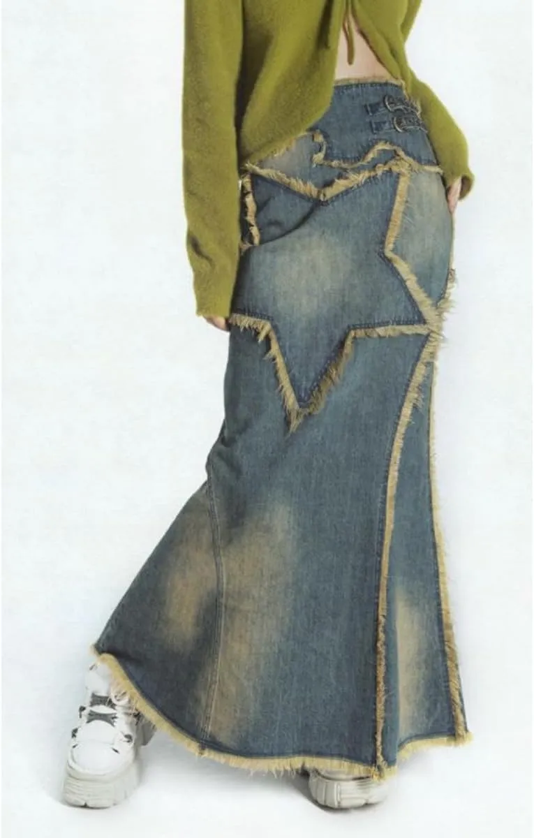 Women's Star Patch Flared Jeans Frayed Distressed Retro Style Loose Fit Maxi Skirts High Waist Denim Skirts Y2K