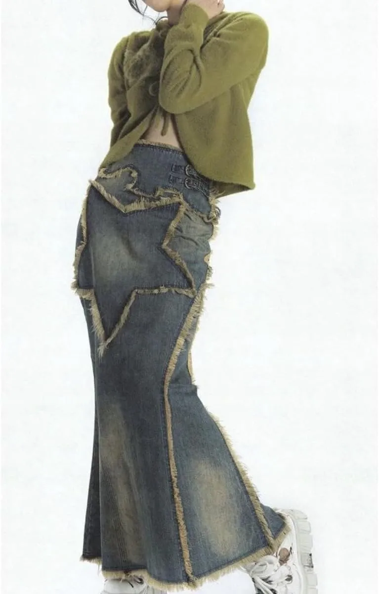 Women's Star Patch Flared Jeans Frayed Distressed Retro Style Loose Fit Maxi Skirts High Waist Denim Skirts Y2K