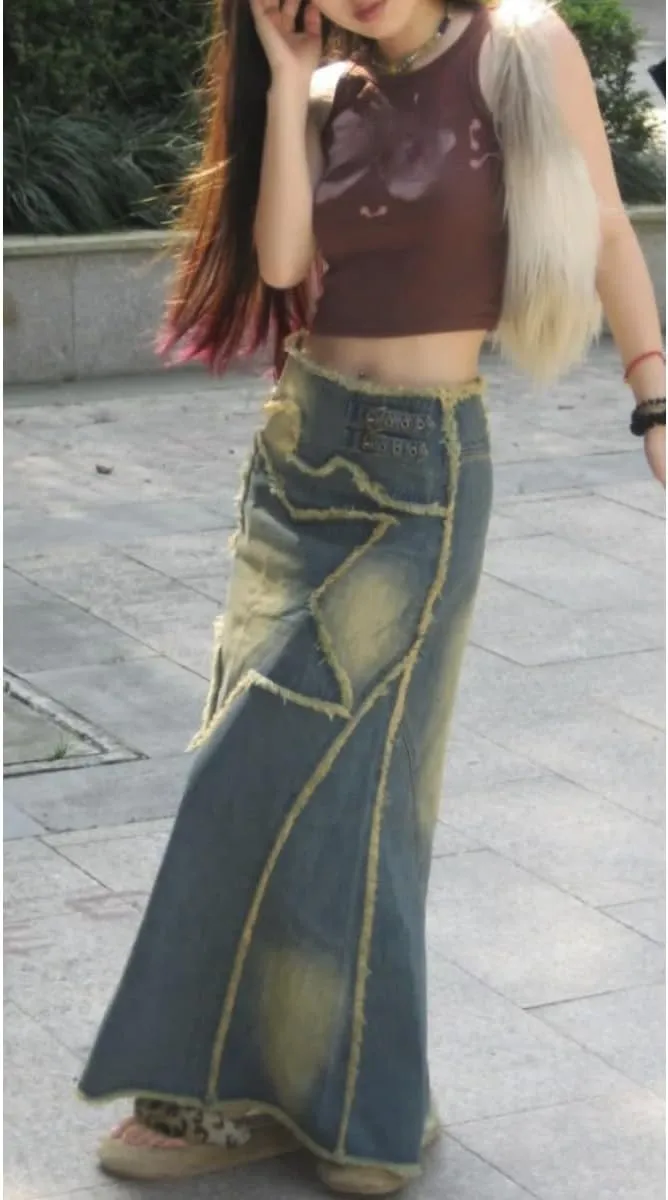 Women's Star Patch Flared Jeans Frayed Distressed Retro Style Loose Fit Maxi Skirts High Waist Denim Skirts Y2K