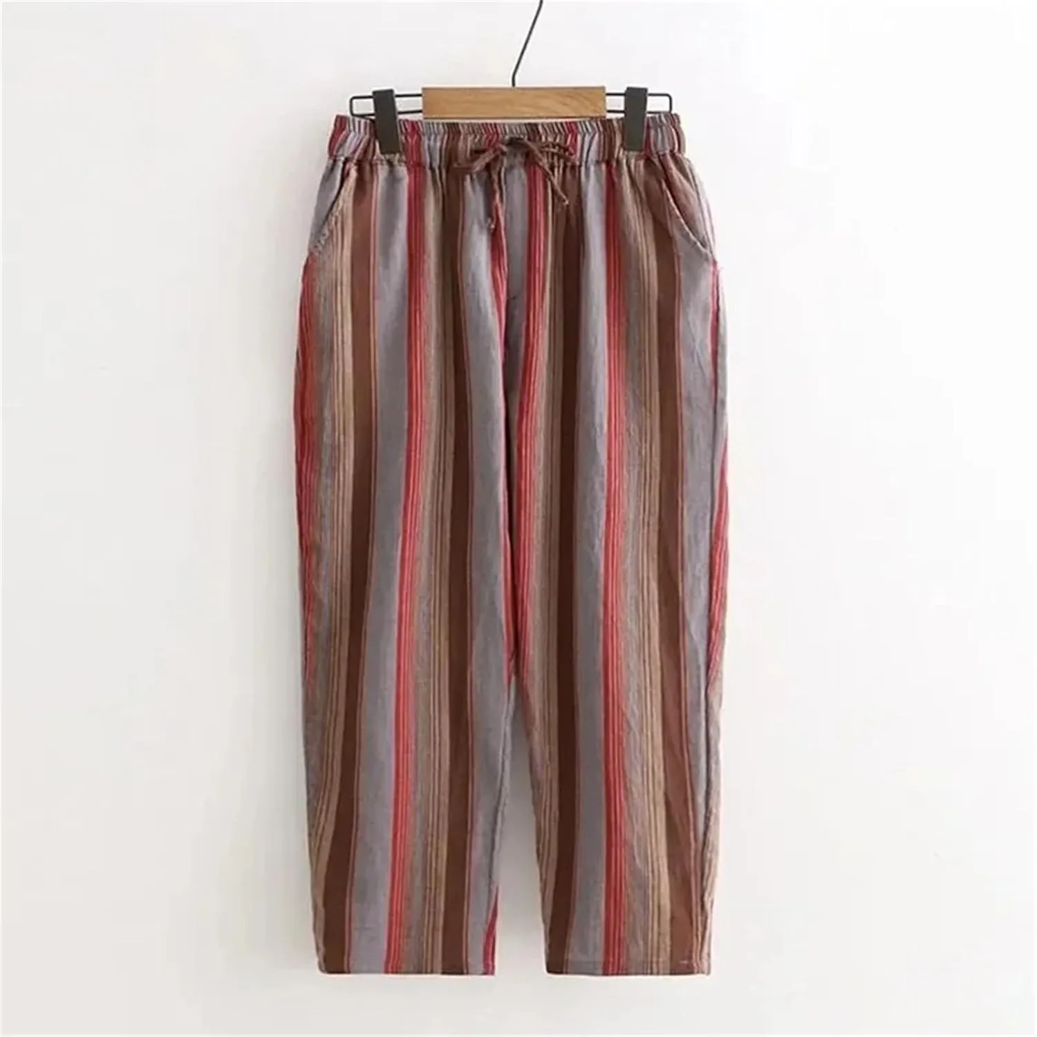 Women's Striped Lace Up Cotton Linen Ankle-Length Pants Vintage Elastic High Waist Harem Pants