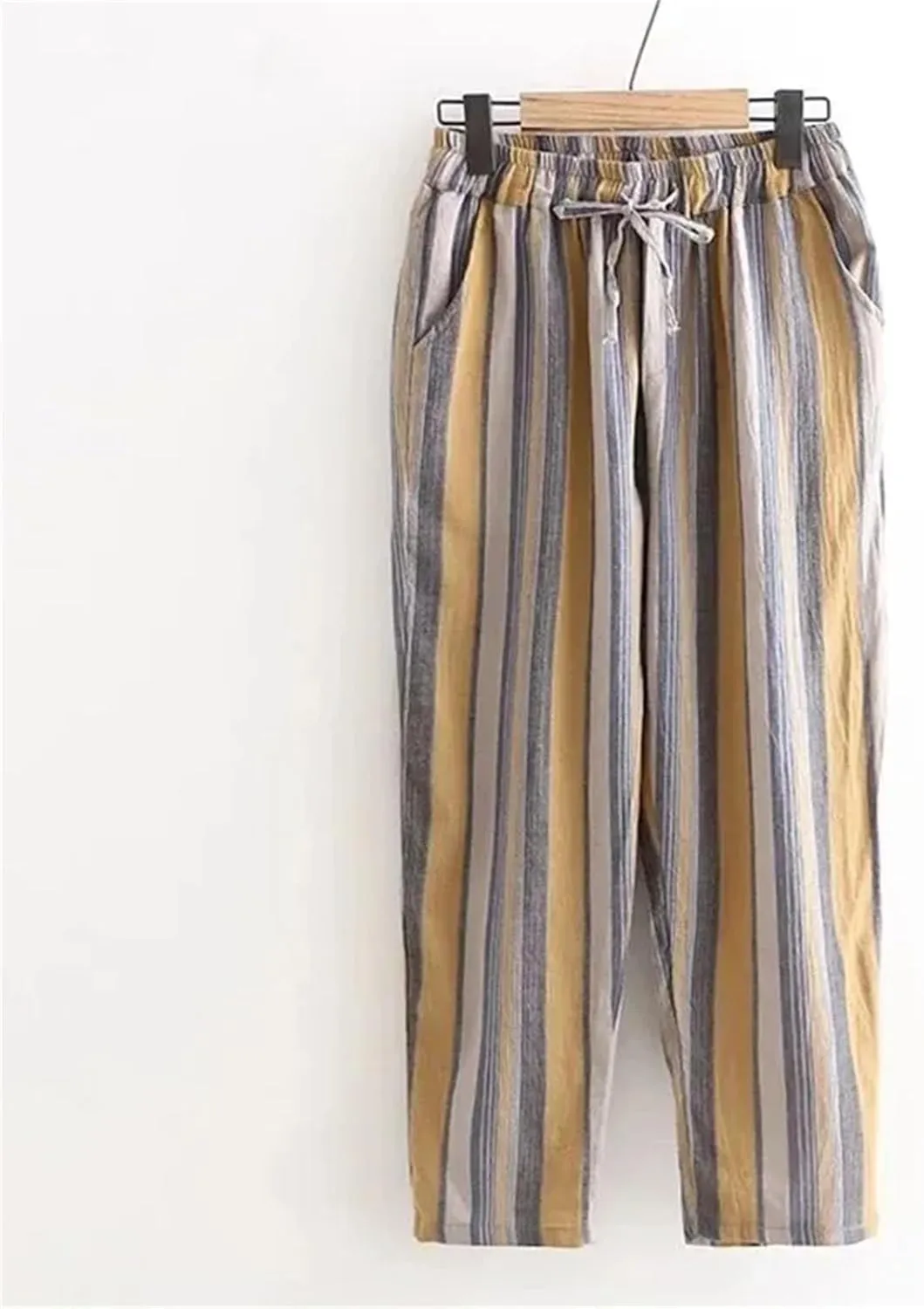 Women's Striped Lace Up Cotton Linen Ankle-Length Pants Vintage Elastic High Waist Harem Pants