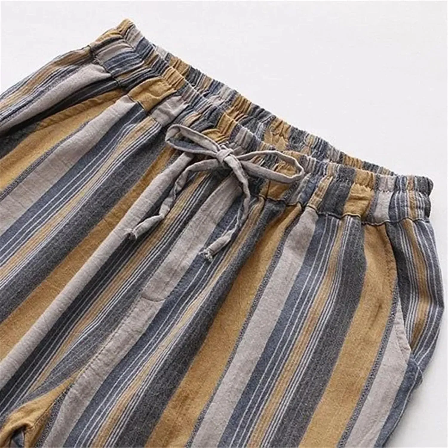 Women's Striped Lace Up Cotton Linen Ankle-Length Pants Vintage Elastic High Waist Harem Pants