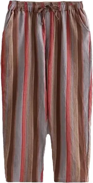 Women's Striped Lace Up Cotton Linen Ankle-Length Pants Vintage Elastic High Waist Harem Pants