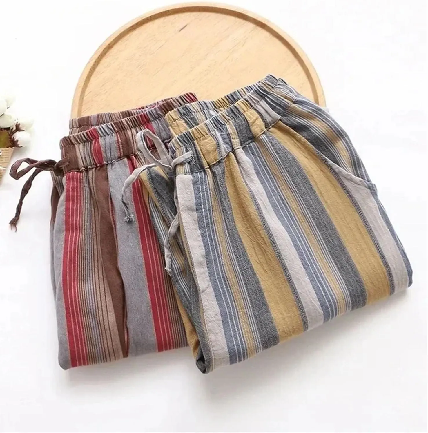 Women's Striped Lace Up Cotton Linen Ankle-Length Pants Vintage Elastic High Waist Harem Pants