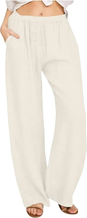 Womens Summer Cotton Linen Pants Casual Wide Leg Drawstring Waist Palazzo Pant Loose Beach Lounge Trousers