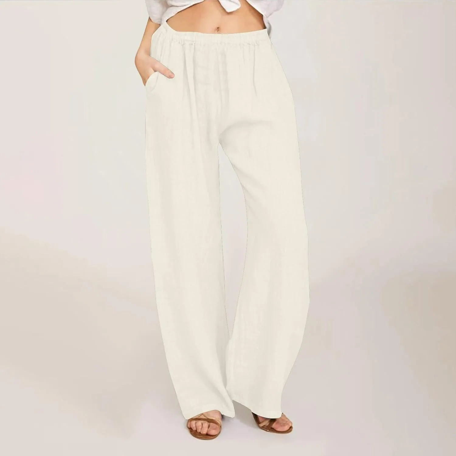 Womens Summer Cotton Linen Pants Casual Wide Leg Drawstring Waist Palazzo Pant Loose Beach Lounge Trousers
