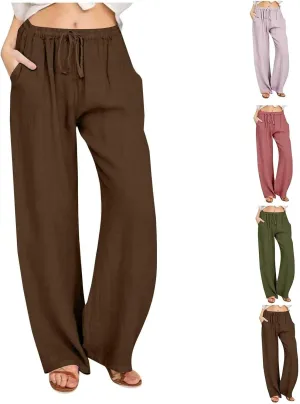 Womens Summer Cotton Pants Dressy Casual High Waisted Drawstring Lounge Trousers Loose Wide Legged Flwoy Beach Pant
